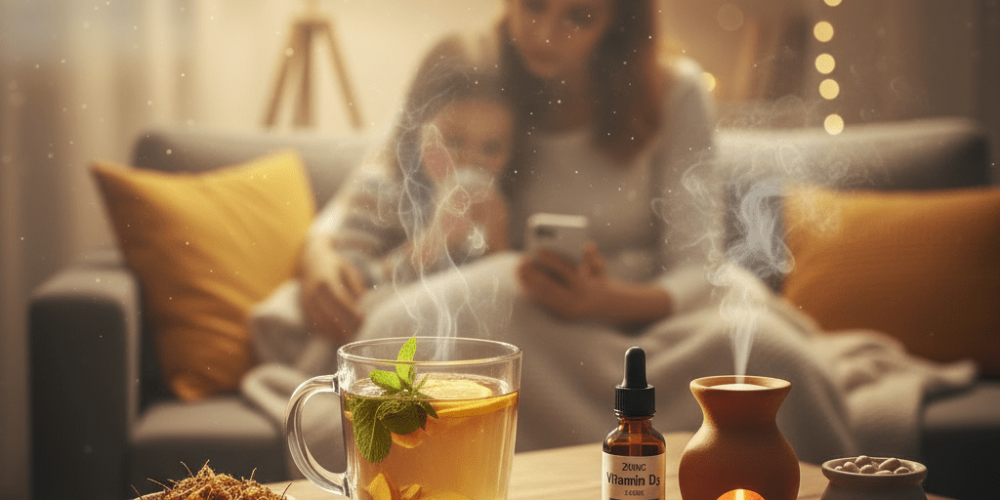 Foto_von_Tee_Krautern_Nahrungserganzungsmitteln_und_Naturprodukten_in_schoner_warmer_Umgebung_Im_Hintergrund_krankes_Kind_auf_Sofa_image_1